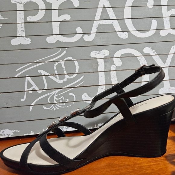 Chunky Wedge Heels Y2K Vibes Boho Ankle Buckle Sandals Cute Crystals Black 8 NWT - Picture 5 of 8